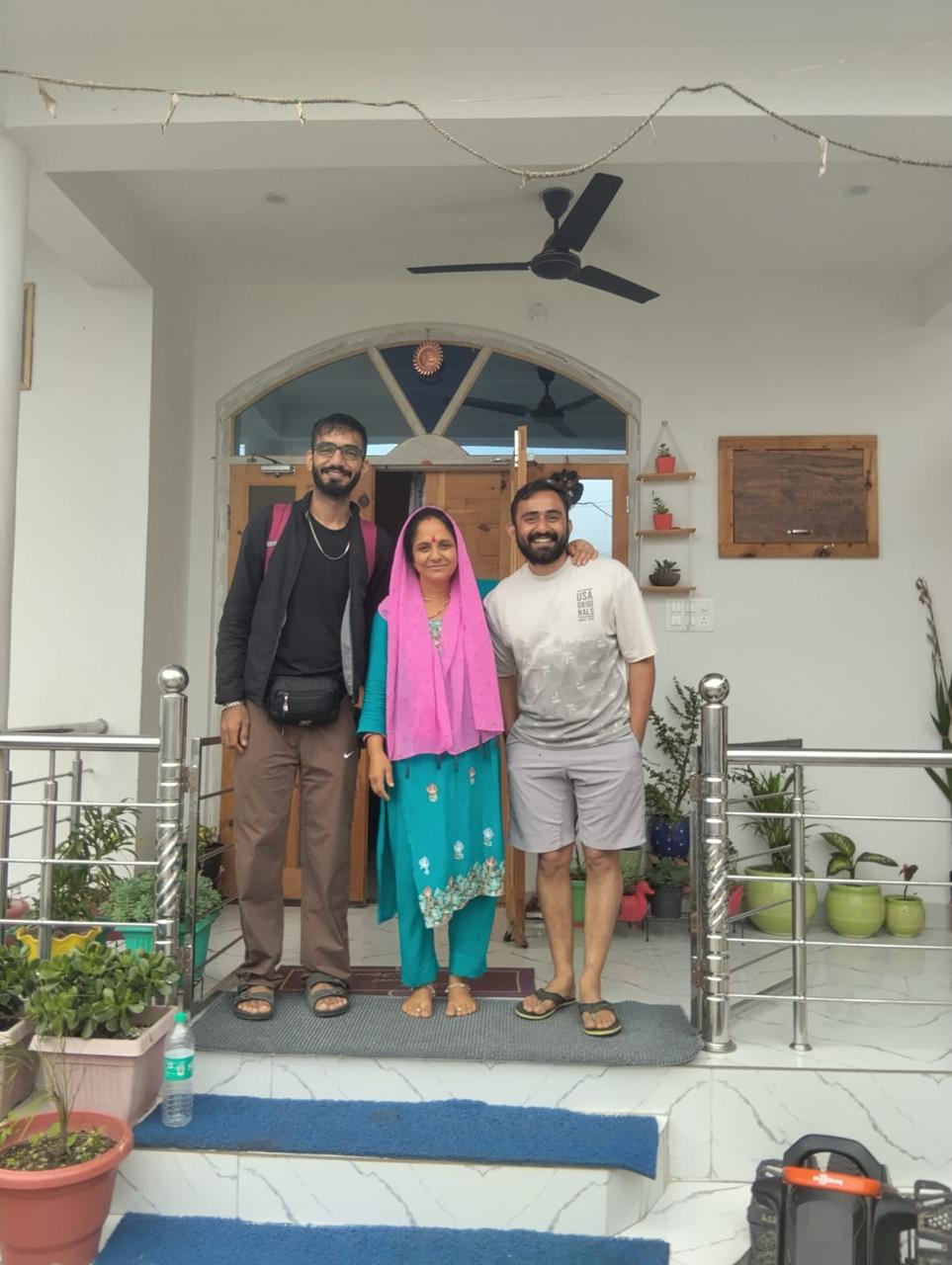 Two friends with Bimla aunty on the dera front steps